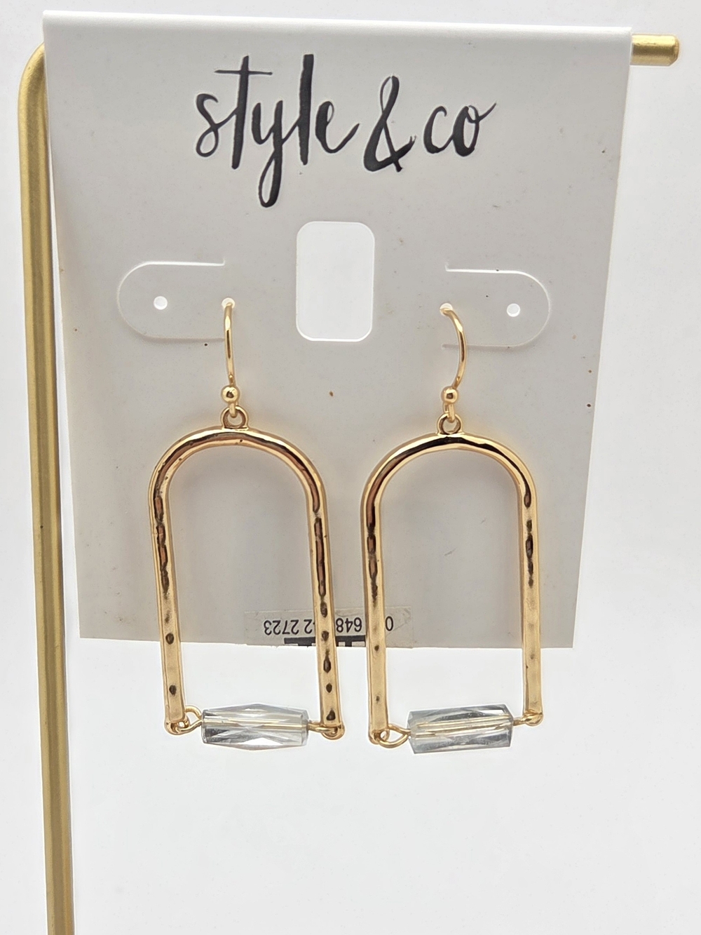 Style & Co Gold Tone Geometric Arch Drop Earrings Clear Faceted Bead NWT
